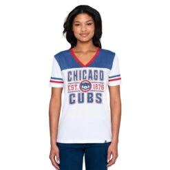 NEW ERA Chicago Cubs White Bi-Blend Striped V-Neck Women's T-Shirt -Hockey Store 1294398173056LIWIZIR29588AA00CHICUBFRONTM