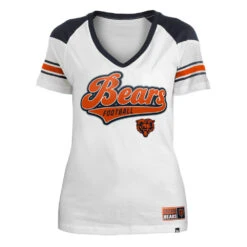 Chicago Bears Woman's White Striped V-Neck T-Shirt