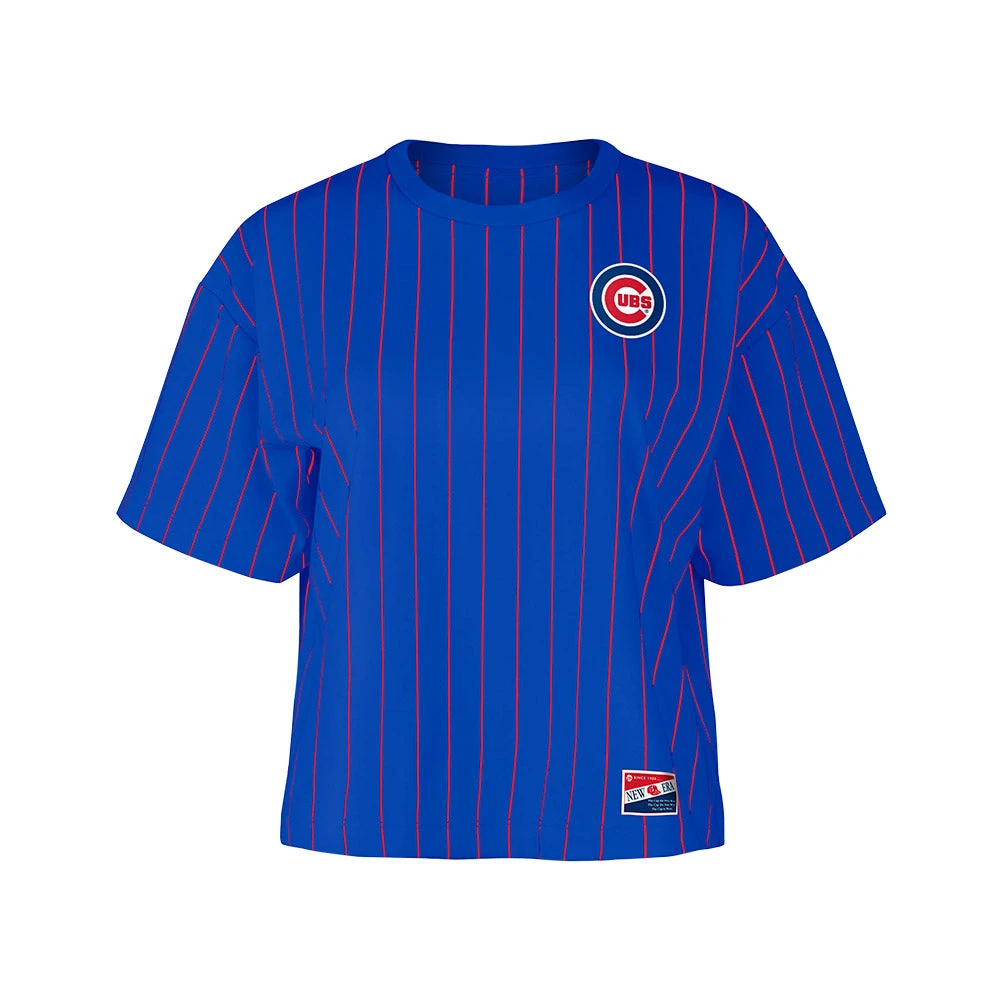 Chicago Cubs New Era Royal/Red Pinstripe Women's Crop Top Tee 3 Chicago Cubs New Era Royal/Red Pinstripe Women's Crop Top Tee