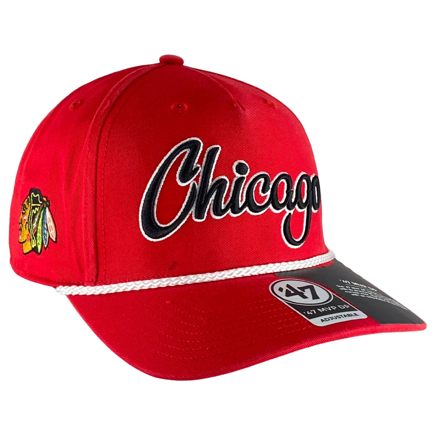 '47 BRAND Chicago Blackhawks Red Overhand Rope Script Snapback Hat 3 '47 BRAND Chicago Blackhawks Red Overhand Rope Script Snapback Hat