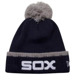 Chicago White Sox Navy And Grey Thick-Stitched Horizontal "Sox" Logo Team Pom Knit Hat