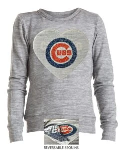 Chicago Cubs Youth Bling Heart Grey Space Dye Knit Pullover With Bullseye Sequin Art