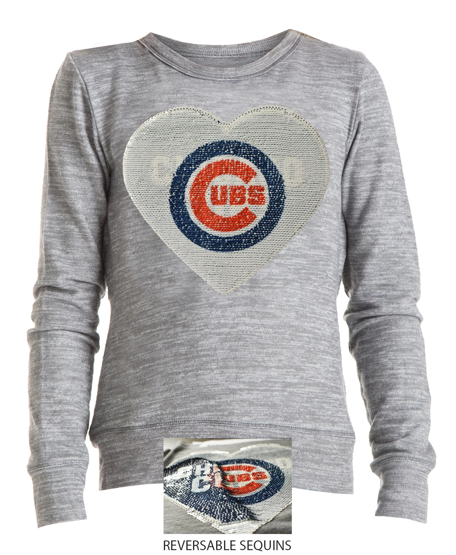 Chicago Cubs Youth Bling Heart Grey Space Dye Knit Pullover With Bullseye Sequin Art