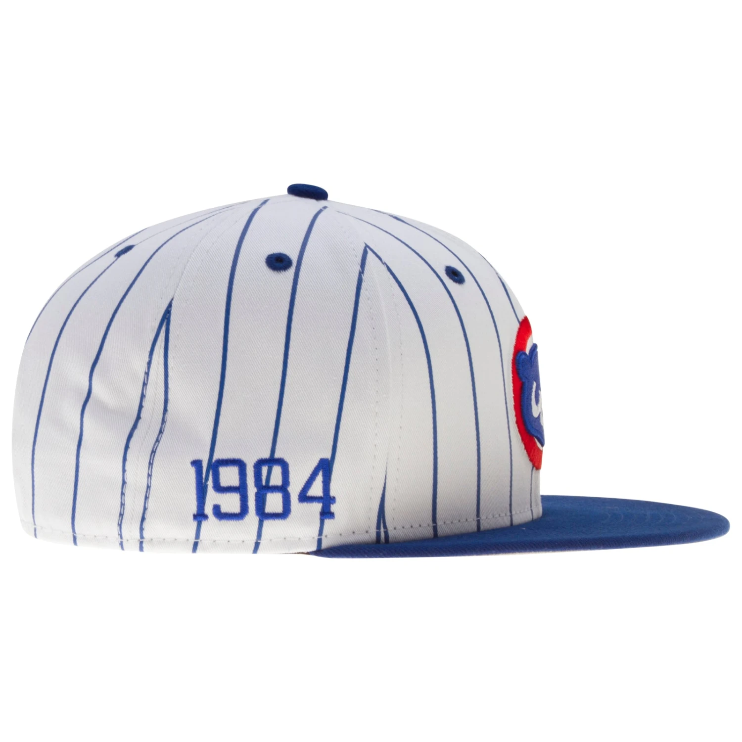 Chicago Cubs White And Royal Pinstripe 1984 Cub Face Logo Snapback Hat 6 Chicago Cubs White And Royal Pinstripe 1984 Cub Face Logo Snapback Hat - Image 4